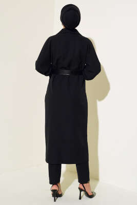 Kolu Lastikli Kemerli Kap Siyah - Trençkot