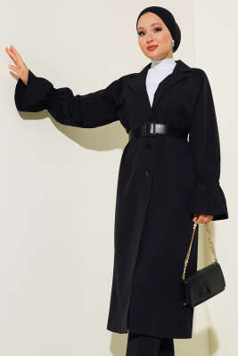 Kolu Lastikli Kemerli Kap Siyah - Trençkot