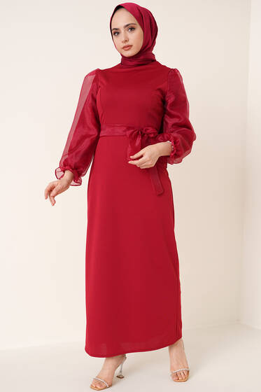 Kolu Organze Elbise Bordo - Elbise