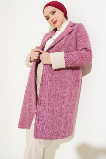 Kolu Peluş Zigzag Desen Kaşe Kaban Bordo - Kaban