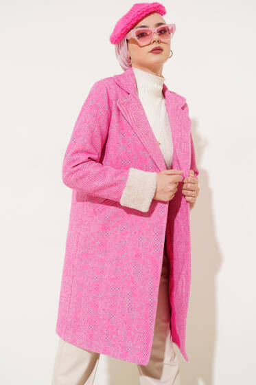 Kolu Peluş Zigzag Desen Kaşe Kaban Fuşya - Kaban