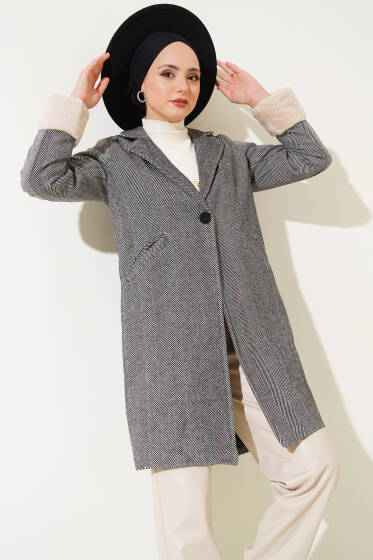 Kolu Peluş Zigzag Desen Kaşe Kaban Siyah - Kaban