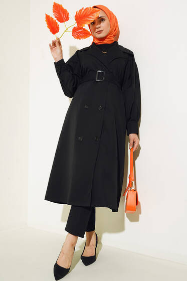Kolu Pensli Kruvaze Yaka Tençkot Siyah - Trençkot Kadın