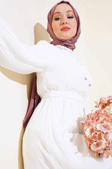 Kolu Piliseli Kat Elbise Ekru - Tesettür Elbise