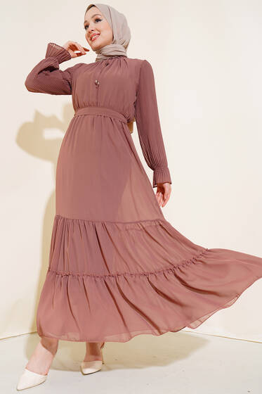 Kolu Piliseli Kat Elbise Gül Kurusu - Tesettür Elbise