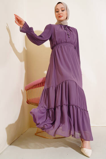 Kolu Piliseli Kat Elbise Lila - Tesettür Elbise