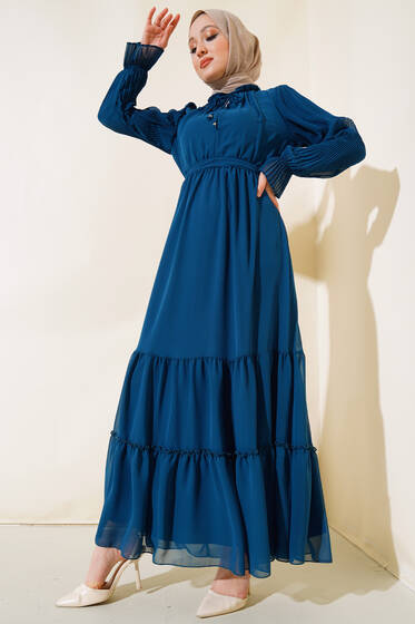 Kolu Piliseli Kat Elbise Petrol Mavisi - Tesettür Elbise