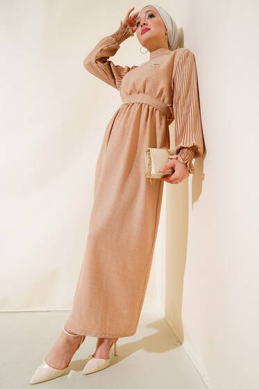 Kolu Piliseli Keten Elbise Latte - Elbise