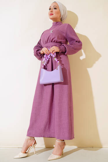 Kolu Piliseli Keten Elbise Magenta - Elbise
