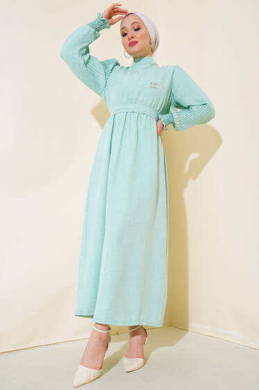 Kolu Piliseli Keten Elbise Mint - Elbise