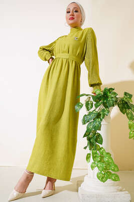 Kolu Piliseli Keten Elbise Yağ Yeşili - Thumbnail