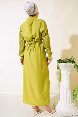 Kolu Piliseli Keten Elbise Yağ Yeşili - Thumbnail