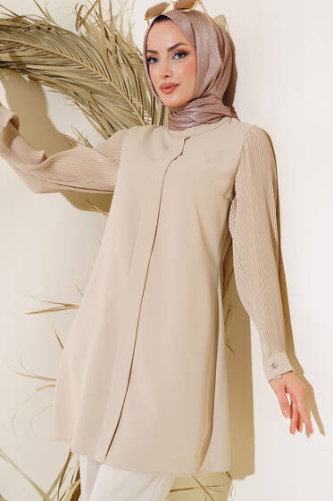 Kolu Piliseli Krep Tunik Bej - Tunik