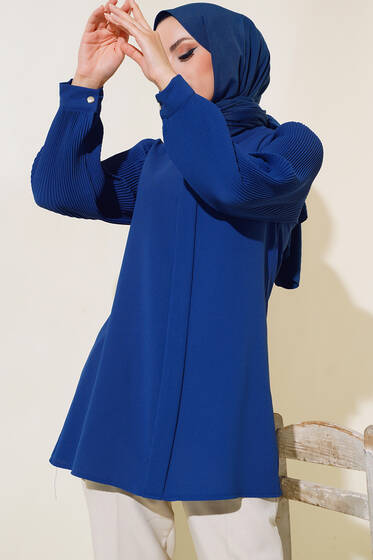 Kolu Piliseli Krep Tunik İndigo - Tunik