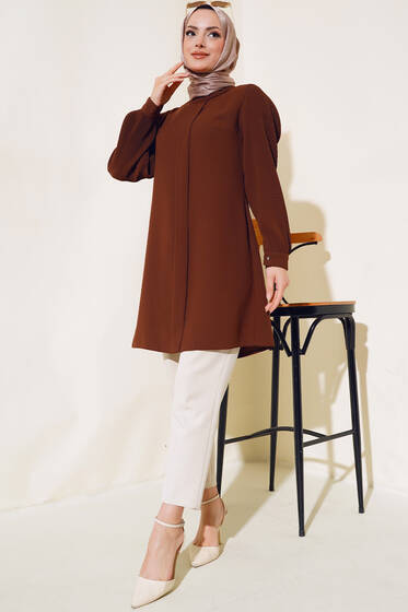 Kolu Piliseli Krep Tunik Kahve - Tunik