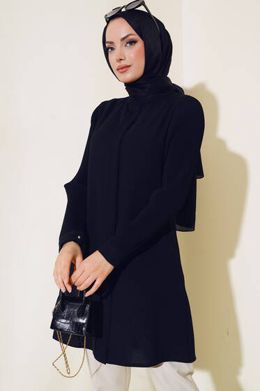 Kolu Piliseli Krep Tunik Siyah - Tunik