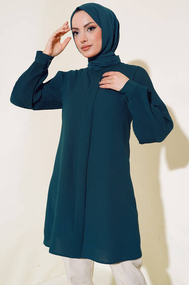 Kolu Piliseli Krep Tunik Zümrüt - Tunik