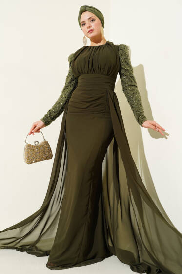 Kolu Pul Detaylı Pelerinli Abiye Elbise Haki - Elbise