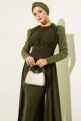 Kolu Pul Detaylı Pelerinli Abiye Elbise Haki - Elbise