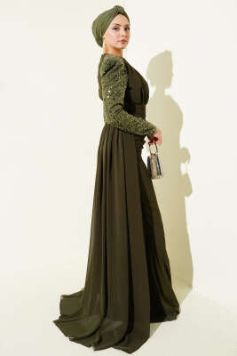 Kolu Pul Detaylı Pelerinli Abiye Elbise Haki - Elbise