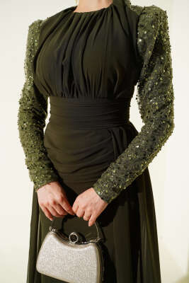 Kolu Pul Detaylı Pelerinli Abiye Elbise Haki - Elbise