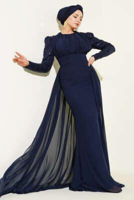 Kolu Pul Detaylı Pelerinli Abiye Elbise Lacivert - CNR TEKSTİL