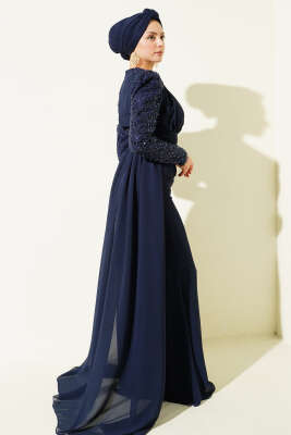 Kolu Pul Detaylı Pelerinli Abiye Elbise Lacivert - Elbise