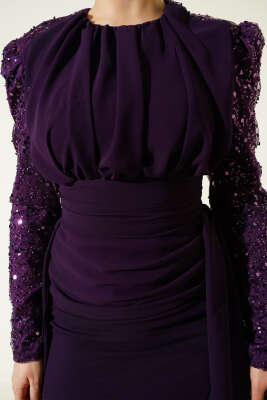 Kolu Pul Detaylı Pelerinli Abiye Elbise Mor - Elbise