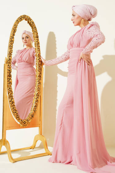 Kolu Pul Detaylı Pelerinli Abiye Elbise Pembe - Elbise