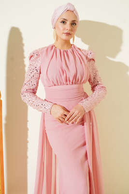 Kolu Pul Detaylı Pelerinli Abiye Elbise Pembe - Elbise