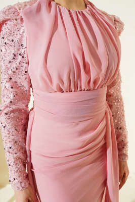 Kolu Pul Detaylı Pelerinli Abiye Elbise Pembe - Elbise