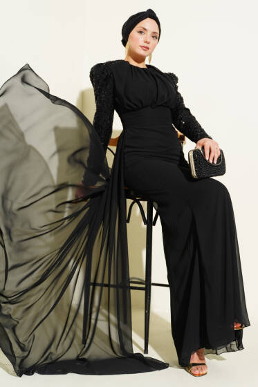 Kolu Pul Detaylı Pelerinli Abiye Elbise Siyah - Elbise