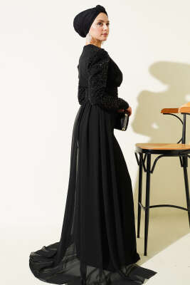 Kolu Pul Detaylı Pelerinli Abiye Elbise Siyah - Elbise