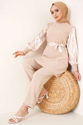 Kolu Satenli Ayrobin İkili Takım Bej 