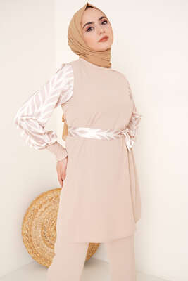 Kolu Satenli Ayrobin İkili Takım Bej - İKİLİ TAKIM