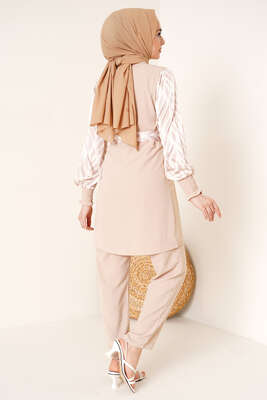 Kolu Satenli Ayrobin İkili Takım Bej - İKİLİ TAKIM