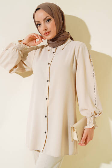 Kolu Taş Şeritli Tunik Bej - Tunik