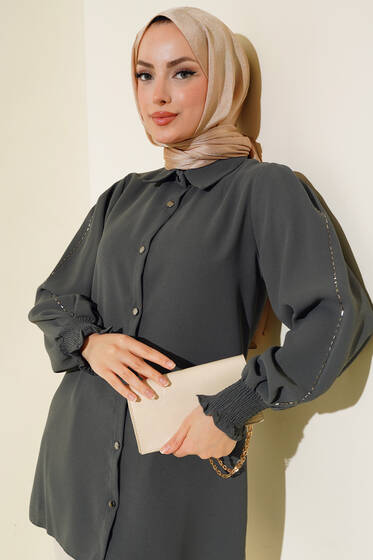 Kolu Taş Şeritli Tunik Füme - Tunik