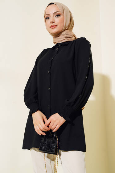 Kolu Taş Şeritli Tunik Siyah - Tunik