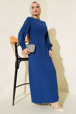 Kolu Taş Süslemeli Kuşaklı Elbise İndigo - Thumbnail