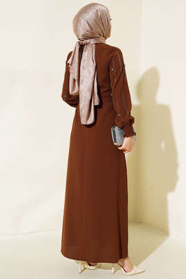 Kolu Taş Süslemeli Kuşaklı Elbise Kahve - Tesettür Elbise
