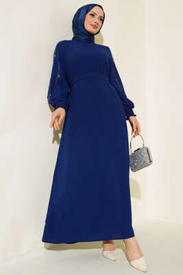 Kolu Taş Süslemeli Kuşaklı Elbise Lacivert 