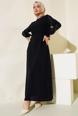 Kolu Taş Süslemeli Kuşaklı Elbise Siyah - Thumbnail