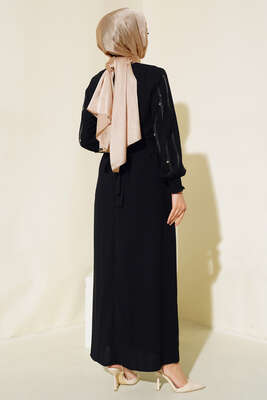 Kolu Taş Süslemeli Kuşaklı Elbise Siyah - Tesettür Elbise