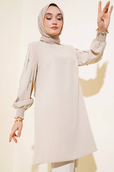 Kolu Taş Süslemeli Tunik Bej - Tunik