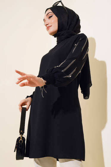 Kolu Taş Süslemeli Tunik Siyah - Tunik