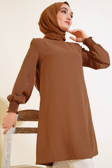 Kolu Taş Süslemeli Tunik Taba - Tunik