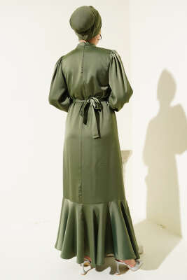 Kolu Taşlı Bağlamalı Saten Abiye Elbise Haki - Tesettür Elbise