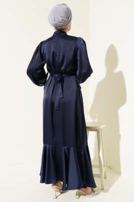 Kolu Taşlı Bağlamalı Saten Abiye Elbise Lacivert - Tesettür Elbise