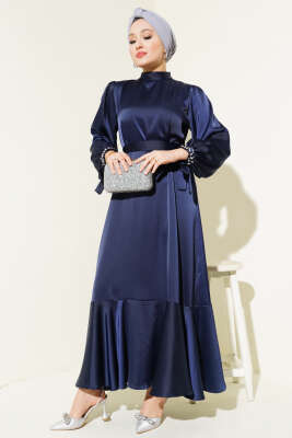 Kolu Taşlı Bağlamalı Saten Abiye Elbise Lacivert - Tesettür Elbise